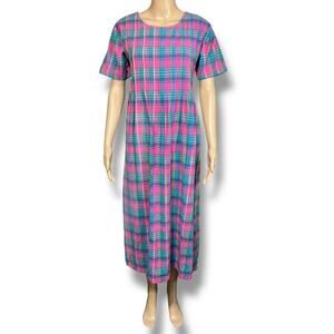 Vintage 90s Two Twenty Prairie Plaid Pleated Midi Shirt Dress Cotton Pink Small